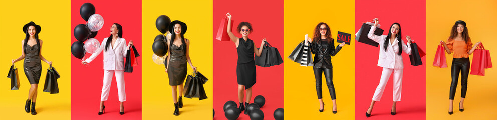 Sticker - Collage of stylish young women with purchases on red and yellow backgrounds. Black Friday