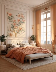 An eclectic interior design of a bedroom, complete with a comfortable bed, cozy linens, stylish furniture, luxurious curtains, plush pillows, and a vibrant window vase, invites you to relax and drift