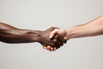 Two multiracial muscular men with different skin tones shaking hands on grey background