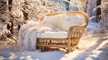 Snow Blanketing The Woven Wicker Of A Garden Chair