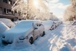 Snow-covered cars in urban area after heavy snowfall. Generative AI