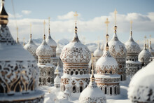 Lavish And Ornate Russian Orthodox Church Domes Against A Backdrop Of Snow, Representing The Cultural And Religious Heritage Of Russia. Generative Ai.