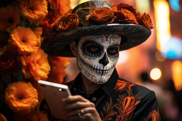 Canvas Print - A person capturing the jubilant celebrations of Dia de los Muertos (Day of the Dead) in Mexico, honoring ancestors and celebrating life. Generative Ai.