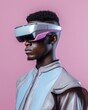 © Glittering Humanity - Afro american beautiful man wearing VR AR futuristic goggles. Technology future pastel background setup.