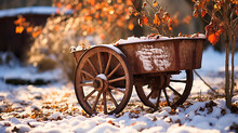 Snow Highlighting The Rusty Spokes Of A Forgotten Wheelbarrow,