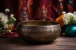 Decorated singing bowl on wooden table, Asian ceremony item. Generative AI