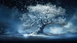 Snowflakes swirling around the barren branches of an oak,