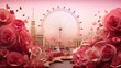 Paper art and craft design concept with Valentine's day with clear sky and decorate by rose in London eye. Created using generative AI.