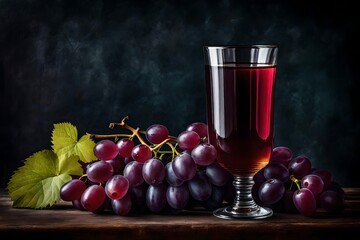 vintage style still life painting of Vintage fresh grapes juice glass, front angle, dark vintage style - AI Generative