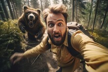 Man Running Away From Scary Bear In Forest
