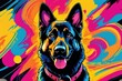 Bright drawing of dog, german shepherd, on T-shirt on dark background. Satirical, pop art style, vibrant colors, iconic characters, action-packed, suitable for mascot, logo or reproduce on canvas