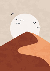 Wall Mural - contemporary desert landscape poster. modern minimal nature panorama with sand dune sun moon, simple