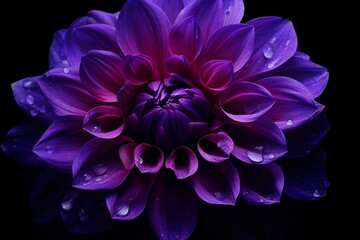 Close-up view of a large purple flower with black background. Generative AI