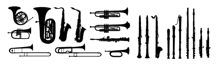 Wall Mural - set of instruments silhouette, trumpet, horn, French horn, tuba, saxophone, flute, clarinet, piccolo