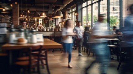 Blurred customers walking fast movement in coffee shop or cafe restaurant