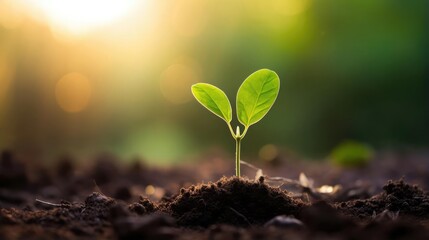 Wall Mural - Delicate young plant growing from soil in park in sun rise