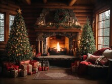 Fireplace With Christmas Decorations In A Cozy Log House Cabin