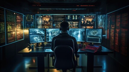Wall Mural - portrays a hacker in a dimly lit room, surrounded by digital screens, attempting a cyberattack, emphasizing the importance of cybersecurity measures in protecting sensitive data.