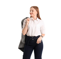 Wall Mural - Pretty young businesswoman with suit over shoulder isolated on white background