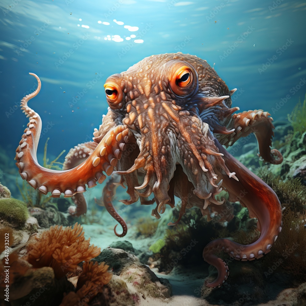 Octopus on a plain background, a terrifying animal with tentacles and ...