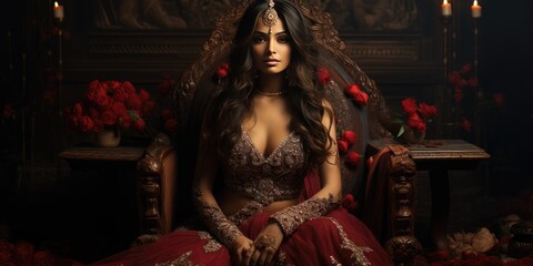 portrait of a young beautiful indian bride sitting on the floor. Generative AI