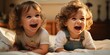 Two cute kids laughing and playing on the bed, close-up. Generative AI