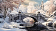 Snow-covered stone bridge in a park,