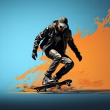 Fototapeta Młodzieżowe - 
A man is engaged in extreme sports. Illustration of a guy on a skateboard riding at speed, dangerous hobbies. Bright plain background