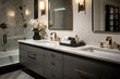 Opulent bathroom featuring twin vanities, quartz worktops, undermount sinks, floating faucets, and a herringbone tile backsplash. Generative AI