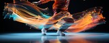 A man dances in hip-hop style surrounded by neon lines. Dance movement, sports style, Bright plain background, banner with copy space
