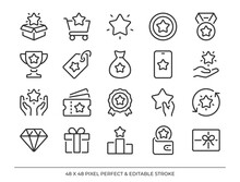 Reward,  Bonus, Benefit  And Loyalty Outline Icons Set. Pixel Perfect And Editable Stroke 48x48 Vector Illustration.