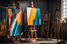 An Impeccably Detailed Still Life Photograph Of A Wooden Artist's Easel Holding A Half-finished Canvas Covered In Vibrant, Abstract Strokes Of Oil Paint - AI Generative