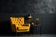 Dark room with yellow armchair on black wall background.