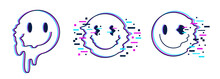 Set Of Trippy Distorted Smiles With Glitch Effect. Smiling Faces With Optical Illusion Of Melting And Digital Pixel Decay. Acid Rave, 90s Design. Vector Illustration