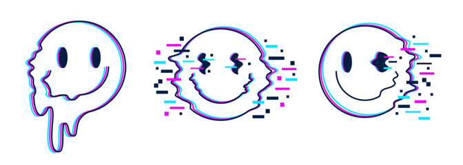 Wall Mural - Set of trippy distorted smiles with glitch effect. Smiling faces with optical illusion of melting and digital pixel decay. Acid rave, 90s design. Vector illustration