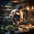 © peerapong - The chef is cooking skillfully in the kitchen. Play culinary symphony that fills the air with enticing aromas. With precision and expertise They move around.bustling kitchen.Generative AI illustration