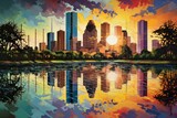 Fototapeta Perspektywa 3d - Colorful depiction of Houston's cityscape reflected in water. Generative AI