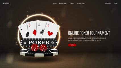 Wall Mural - A web banner with poker cards, dice and a chip with a neon gold round frame on a dark background. A concept for a casino with text.