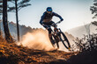 Close up of mountain biker focusing and driving on trail, outdoor sporty activity