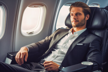 Handsome young business man sitting in business class on a plane, relaxed and happy