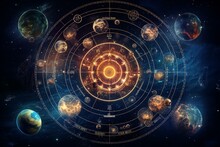 Astrology And Horoscope, Zodiac Signs Revolving Around The Moon In Space. Generative AI
