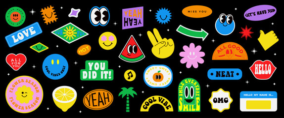 colorful happy smiling face label shape set. collection of trendy retro sticker cartoon shapes. funn