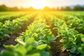 Wall Mural - Young soybean plants growing in cultivated field on sunny day.