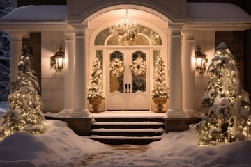 Wall Mural - Beautifully decorated house at night with Christmas lights