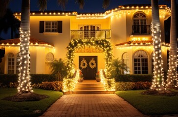 Wall Mural - Beautifully decorated house at night with Christmas lights