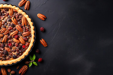 Cranberry pecan pie on dark stone, flat lay with copyspace, top view, fall food, Thanksgiving cooking