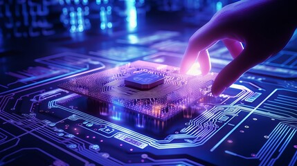 Photo of a hand touching a processor chip on a circuit board
