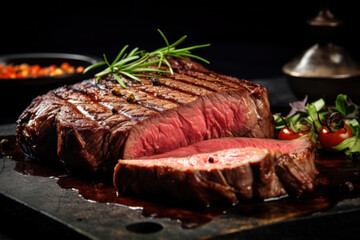 Delicious mouthwatering steak, marbled beef with medium rare. On the incision. Close-up on a dark background.