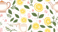 Teapots And Mugs With Tea, Daisies And Lemon On White Background, Vector Seamless Pattern In Flat Hand Drawn Style