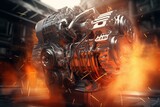 Fototapeta  - Dynamic V8 engine featuring moving pistons and crankshaft, set against a digital backdrop. Captivating ignition and explosions showcase technology and industry. Striking 3D rendering. Generative AI